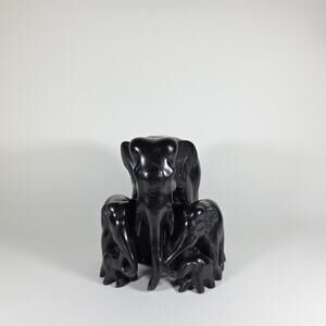 Black Elephant Family Figurine Carved Style Sculpture – Mother & Calves